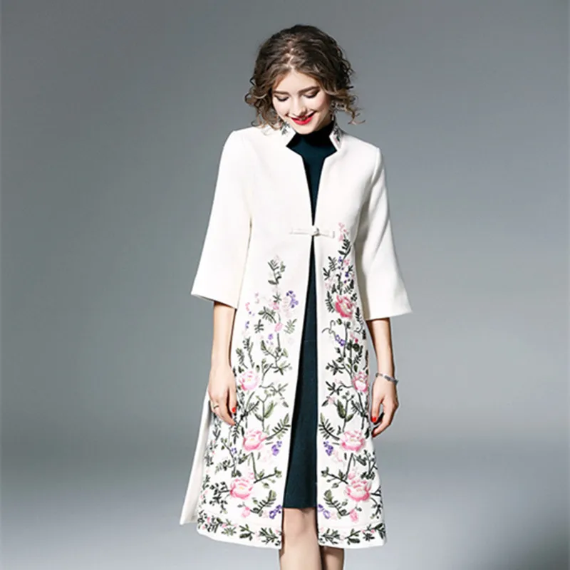 Высокое качество, брендовая Новинка, зимние шерстяные Длинные куртки для женщин, роскошное вышитое пальто на одной пуговице, женское винтажное шерстяное пальто XXXL - Цвет: white