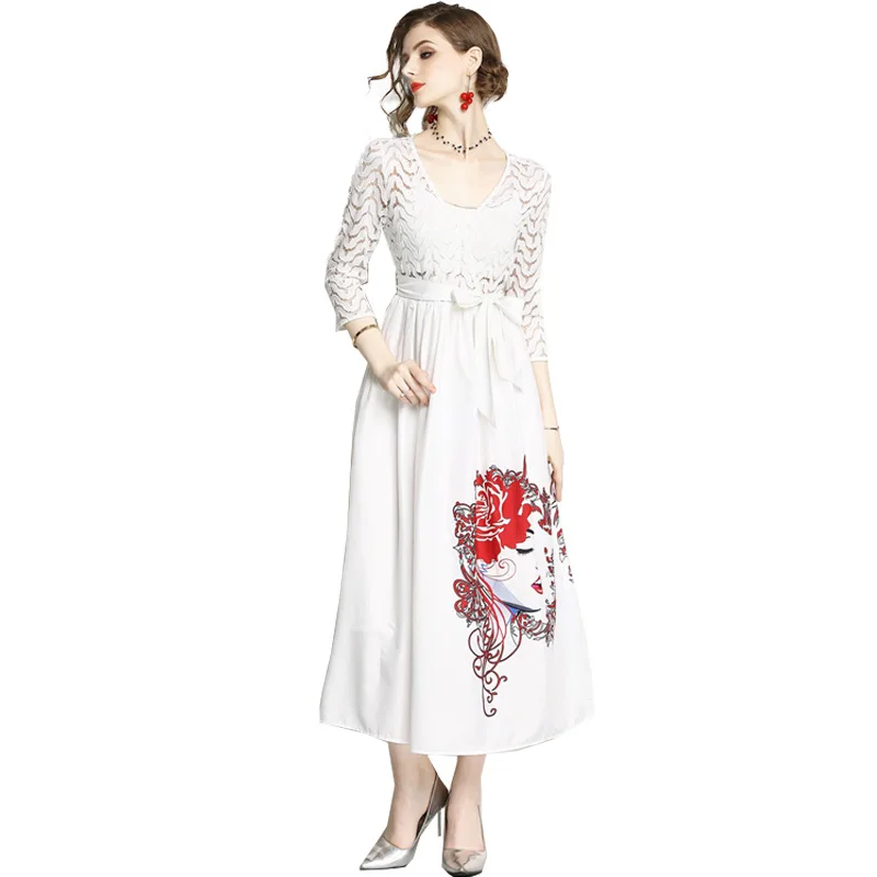 

2019 Summer Print Avatar Lace Stitching Lady White Dress Fashion Casual Sexy Elegant Plus Size Dress Women Party Dinner Dress