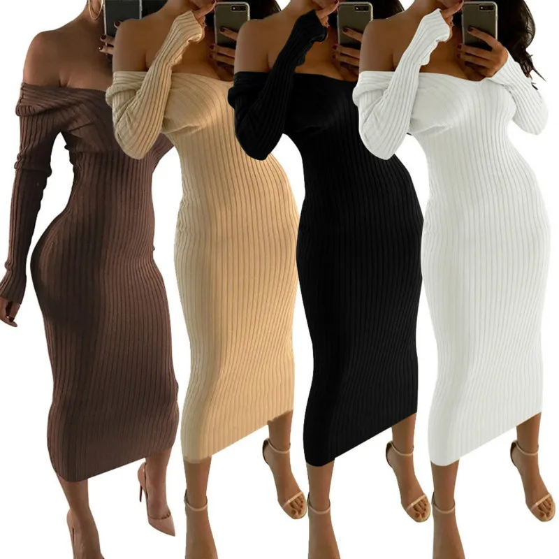 Loneyshow Off Shoulder V-neck Sweater Women Autumn Solid Color Sexy Jumper Warm Long Sleeve Stretch Dress | Женская одежда