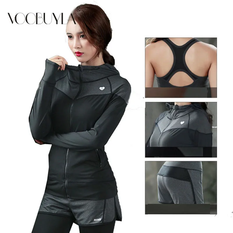 

Voobuyla Autumn Women 3 in 1 Running Yoga Suit Sport Jacket+Bra+Pants Breathable Gym Jogging Sport Set Quick Dry Girls Yoga Suit