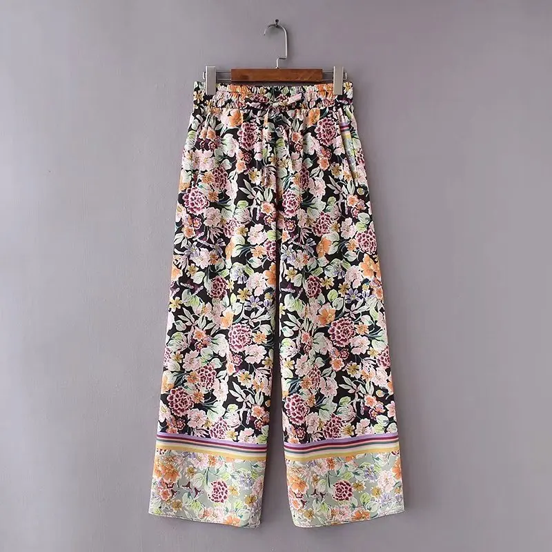 2018 Women vintage patchwork floral print wide leg pants elastic waist ...