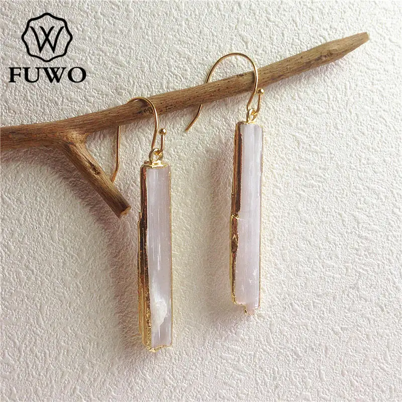 FUWO Wholesale Natural Selenite Earrings,Golden Plated Raw Crystal Blade Dangle Earring Jewelry For Women 5Pairs/Lot ER024