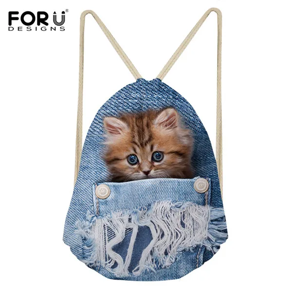 FORUDESIGNS/сумка на шнурке Маленькая женская джинсовая кошка упаковка печать сумки девушки мода путешествия пакет для детей милый мешок для хранения - Цвет: CC2294Z3