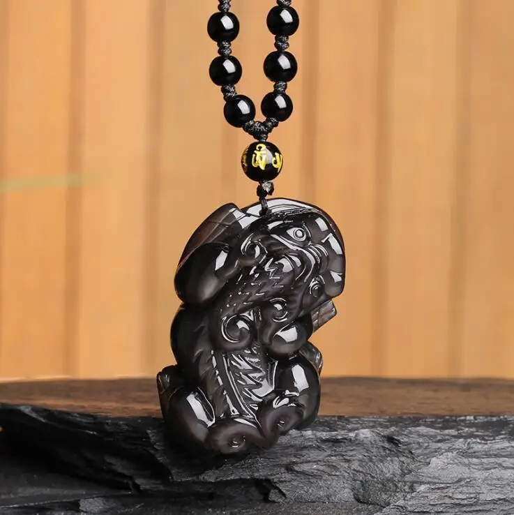 

Koraba Fine Jewelry 100% Natural Color Obsidian Carved Chinese Lucky PiXiu Pendant + Free Necklace Free Shipping