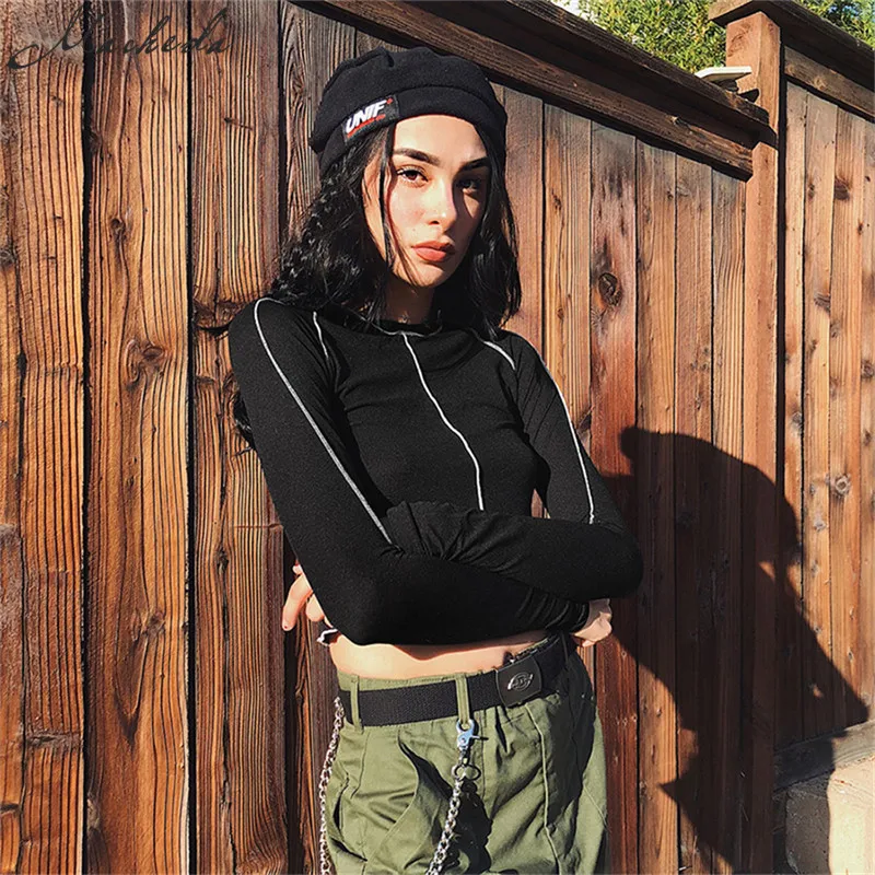 

Macheda Black Casual T Shirt Women O-Neck Long Sleeve Slim Crop Tops White Stripe Shirt Skinny Cropped Top Fashion Ladies