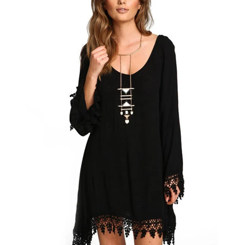 

2018 New Black Beach Dress Tunic Shirt Women Party Tassel Vestidos Long Sleeve Lace Up Skirt Sundress Plus Size 5XL Pareos Tunic