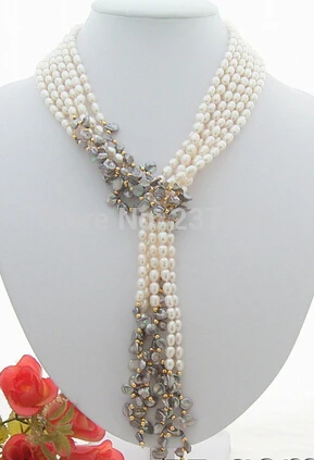

Wholesale price FREE SHIPPING ^^^^^^3Strds 49" White&Grey Keshi Pearl Necklace