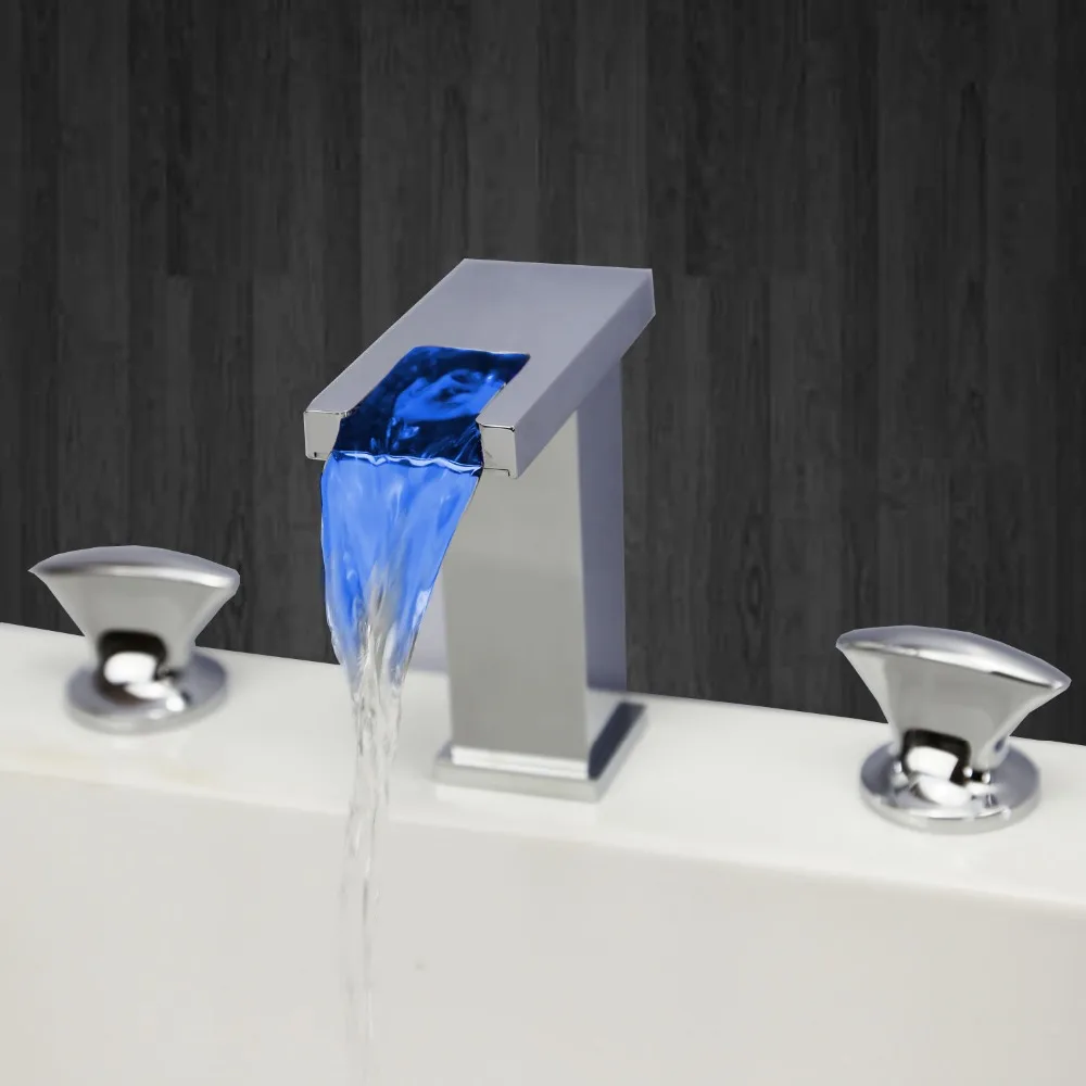 

Modern Bathroom LED WIdespread 3 Pcs Waterfall Bath lavatory Sink Faucet Square