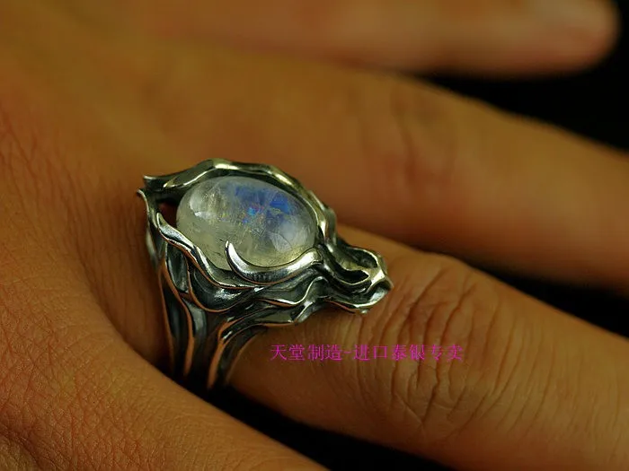 Кольца из стерлингового серебра 925 Лунный камень/черный звездный камень Кабошон японские модели импорт тайское серебро Облако Волк кольцо