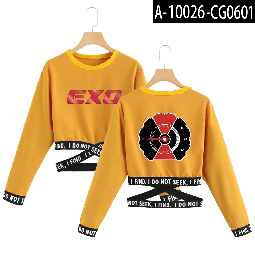 Exo кроп Топ Толстовка Весна Kpop Harajuku кроп топы Женская одежда корейская уличная одежда женские модные топы с длинным рукавом - Цвет: Yellow