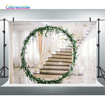 

Wreath Circle Door Photo Background White Curtain Steps Bridal Baby Portrait Backdrops Wedding Photography Background For Studio