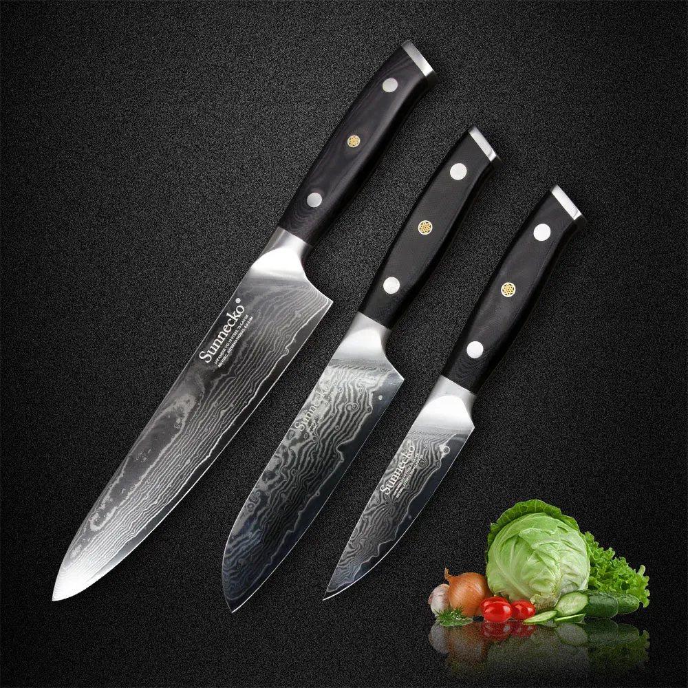 

SUNNECKO 5'' Santoku 8'' Chef 3.5'' Paring Knife 3PCS Damascus Kitchen Knives Set Japaness VG10 Steel G10 Handle Meat Cutter