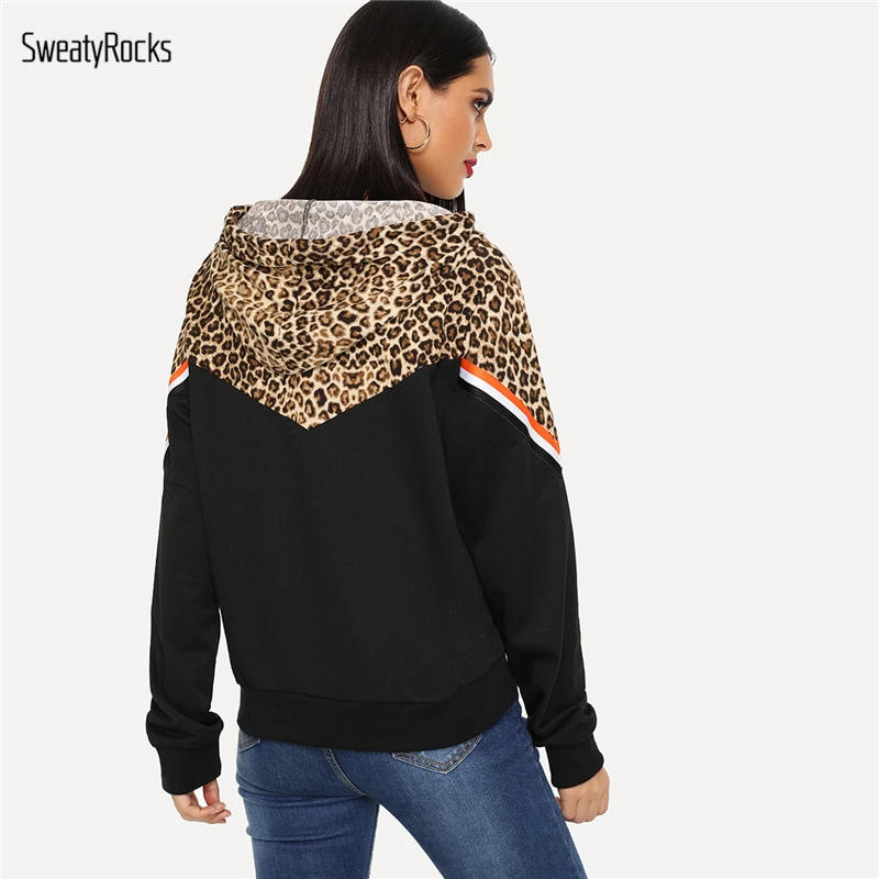  SweatyRocks Sporting Leopard Contrast Striped Long Sleeve Hoodie Casual Hooded Pullover Sweatshirts