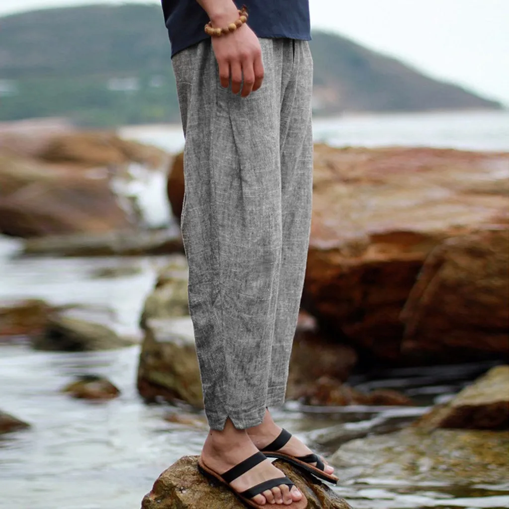 

2019 Casual Solid Color Leisure Chinos Trousers Men's Summer New Style Simple And Fashionable Pure Cotton And Linen Trousers