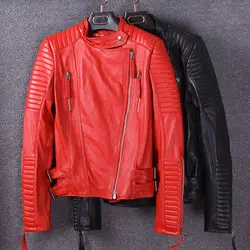 Новые модные женские натуральной овчины кожаная куртка Мотоцикл Байкер куртка для дамы женская одежда красный черный XXXL 3XL