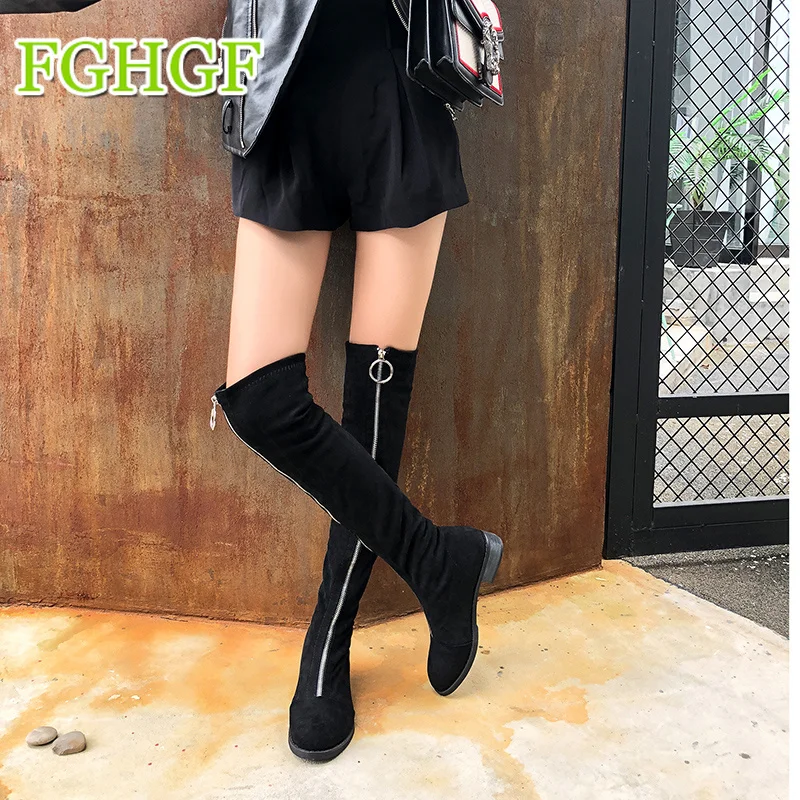 

Hot Sale 2018 Winter New Leisure Genuine Letaher Over Knee Boots Low Square Heel Front Zipper Square Toe Black Women Shoes