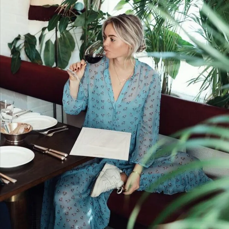 

Women Blue Horse Animal Print Long Sleeve Stand Collar Pleated Cute Loose Long Dress