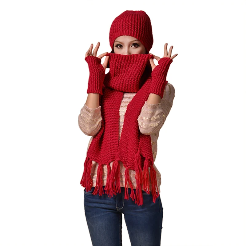 Для женщин Зимняя теплая вязаная шапка, шарф, перчатки Комплект шапка; шарф + теплая шапка женский 3 шт./компл