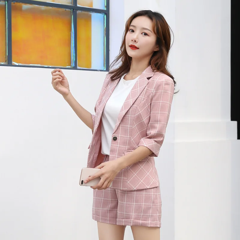 

Set female 2019spring and summer new casual lattice seven-point sleeves suit jacket shorts two-piece temperament women's clothes