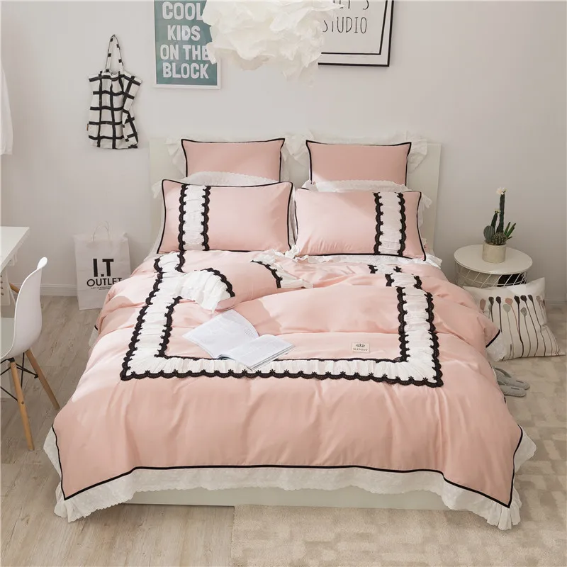 cheap French ladys Bedding set cotton linen lace Embroideried Bed set Duvet cover Double King Queen size Bedsheet set