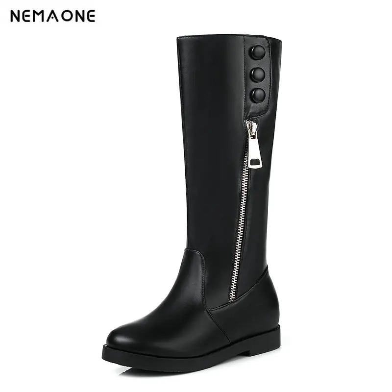 

NEMAONE 2018 New flat Women Boots Autumn Winter Ladies Fashion low heels Bottom Boots Shoes Knee High Long Boots large size 43