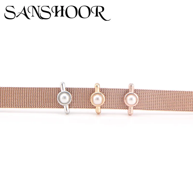 

SANSHOOR Jewelry Simulated Imitation Pearl Beads Slide Charms Fit Stainless Steel Mesh Bracelet for DIY Accessories Making