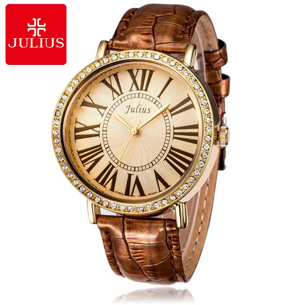 Beste Vrouwen Waterdichte Horloges Vrouwen Jurk Rhinestone Horloges Fashion Casual Quartz Lederen Horloge Luxe Merk Julius 383 Klok