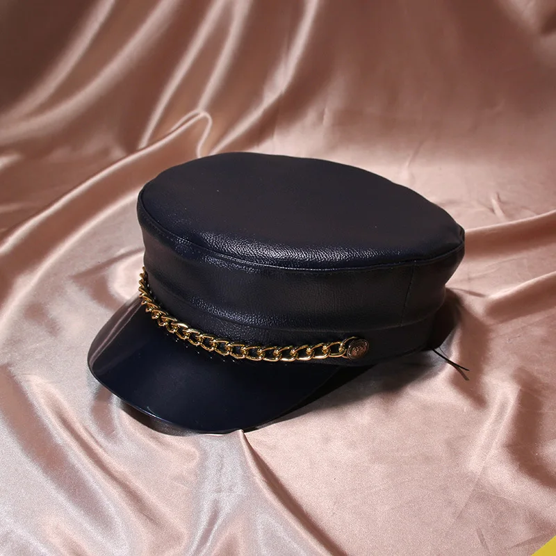 Зимняя высококачественная винтажная металлическая цепочка с пуговицами из искусственной кожи шапки для мужчин и женщин военная шапка Snapback Кепка s Женская кепка с якорем - Цвет: navy blue