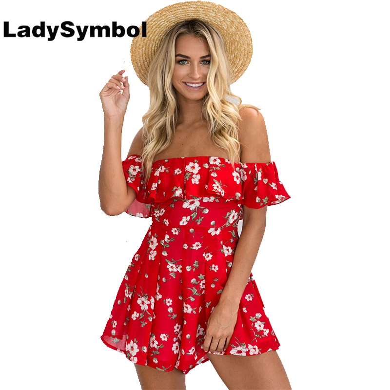 LadySymbol Red Floral Print Ruffle Off Shoulder Women