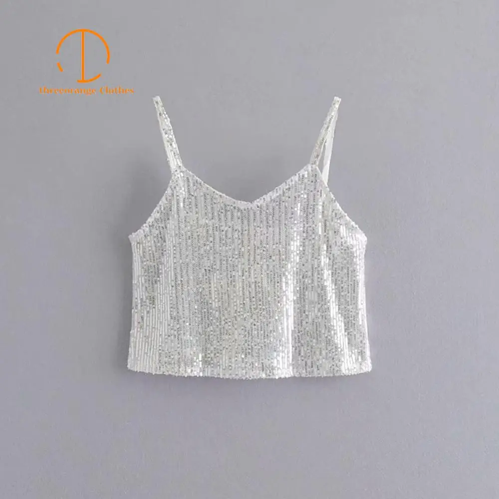 

Sexy Camisole crop top women twinkling Sequins semiTransparent fabric slender sling strap sleeveless Summer femme party Bar tops