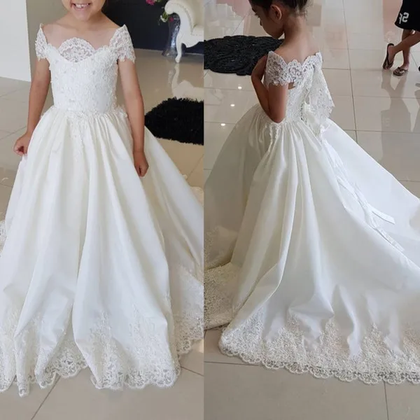 2018 Girls Pageant Dresses Lace Off The Shoulder Flower Girl Dress For Wedding Little Bride Princess Gowns With Train