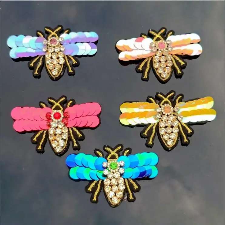 

Handmade Rhinestone beaded&sequin Patches, BEES COOL FASHION Sew on Crystal pearl patch for clothes beaded Applique cute patch