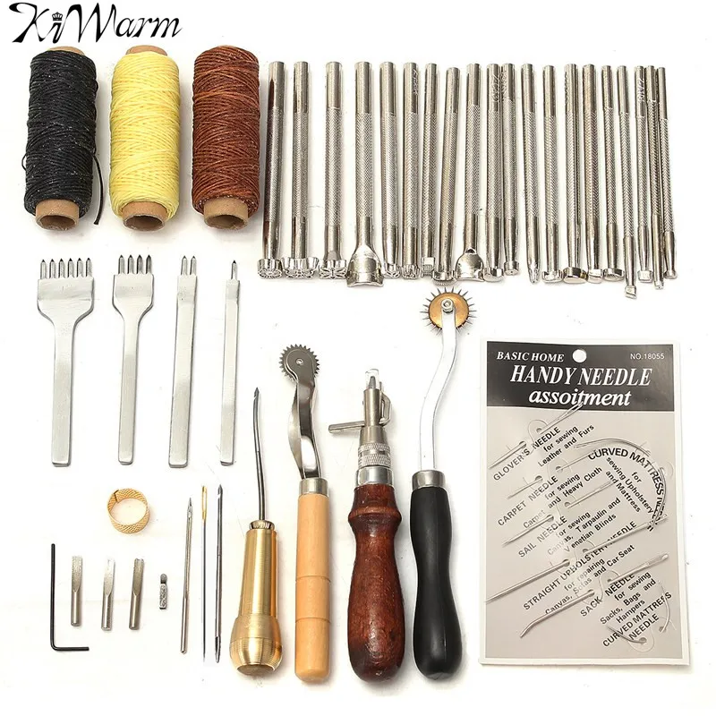 KiWarm 48Pcs/set Leathercraft Basic Tools Kit Awl Needles Edge Groover
