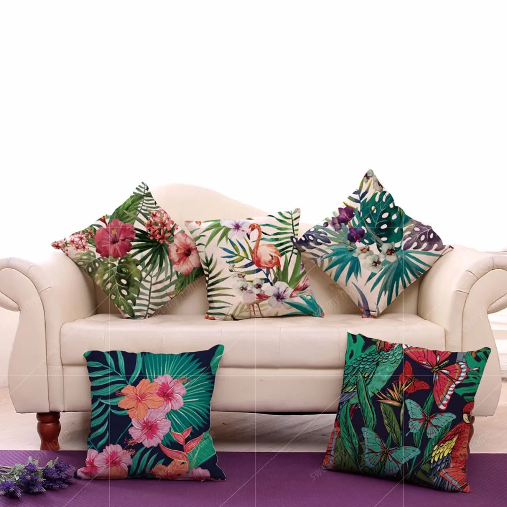 

Cotton Linen Square 18" Tropical Tree and Flamingo Printed Sofa Decorative Throw Cushion Pillows Living Room Decor No Filling