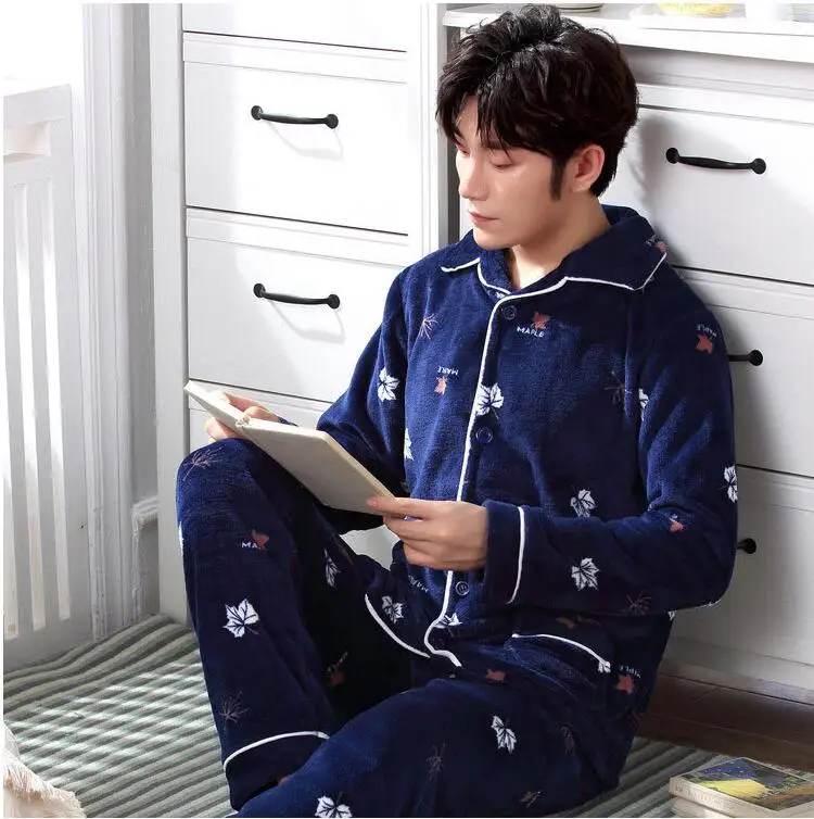 Fashion Brand Luxury Winter Pajamas Men Sleepwear Thick Warm Coral Fleece Mens Pajama Set Male Nightwear Leisure Home Clothing