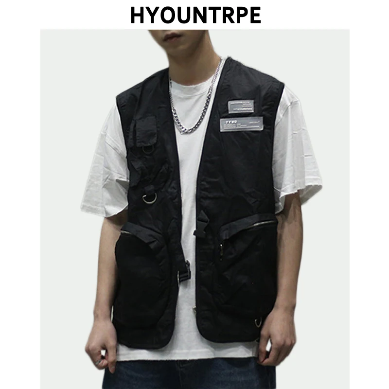 Fashion Hip Hop Sleeveless Vests Men Cargo Waistcoat with Pockets Loose