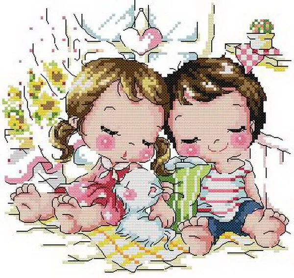 CS-2834 Cross Stitch Kit Sleeping Sleep with Kitten Cat Kitty Little Boy and Girl Korean Cuties SO
