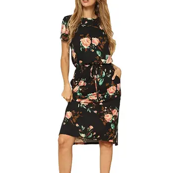 

Summer Women's O-Neck Short Sleeve Floral Print Lace Up Pockets Knee-Length Pencil Dress