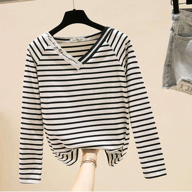 Striped V-Neck T Shirt Women Sexy T-Shirt Vetement Femme 2018 Korean Style Long Sleeve Vogue Woman Tshirt Top Ropa Mujer