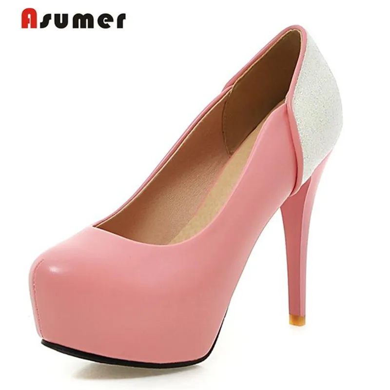 

Asumer 2018 Hot sale high heels shoes shallow platform wedding shoes women pumps big size 33-45 four seasons shoes solid