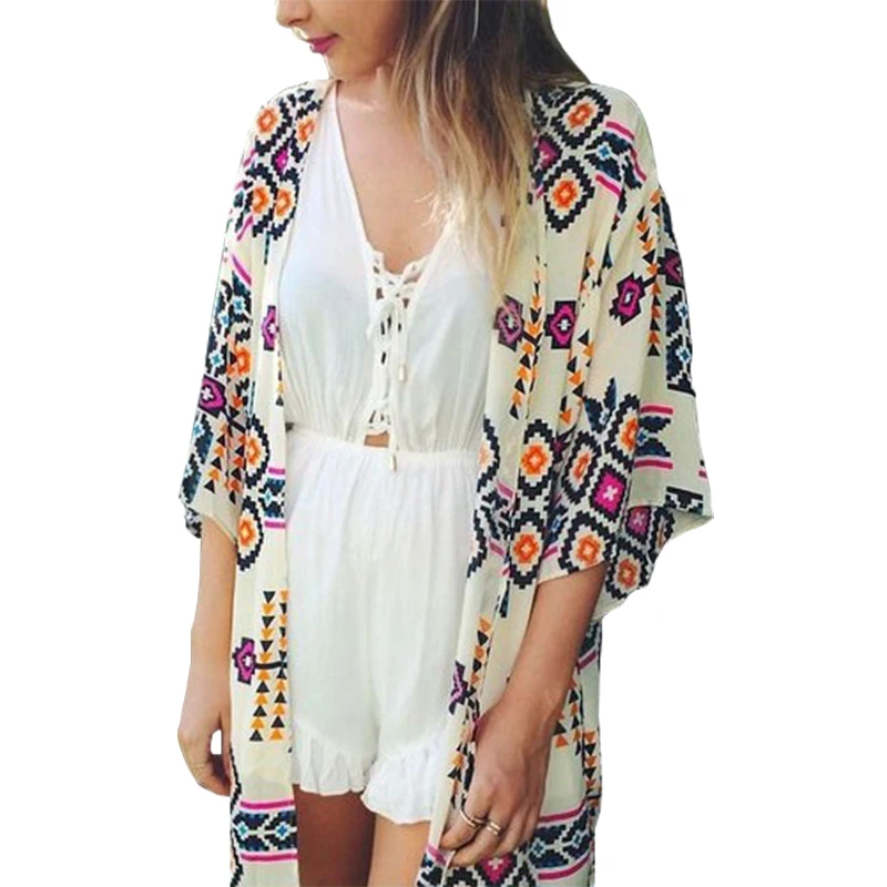 Chiffon coat women bikini jacket 2017 loose cardigan shirt kimono fifth