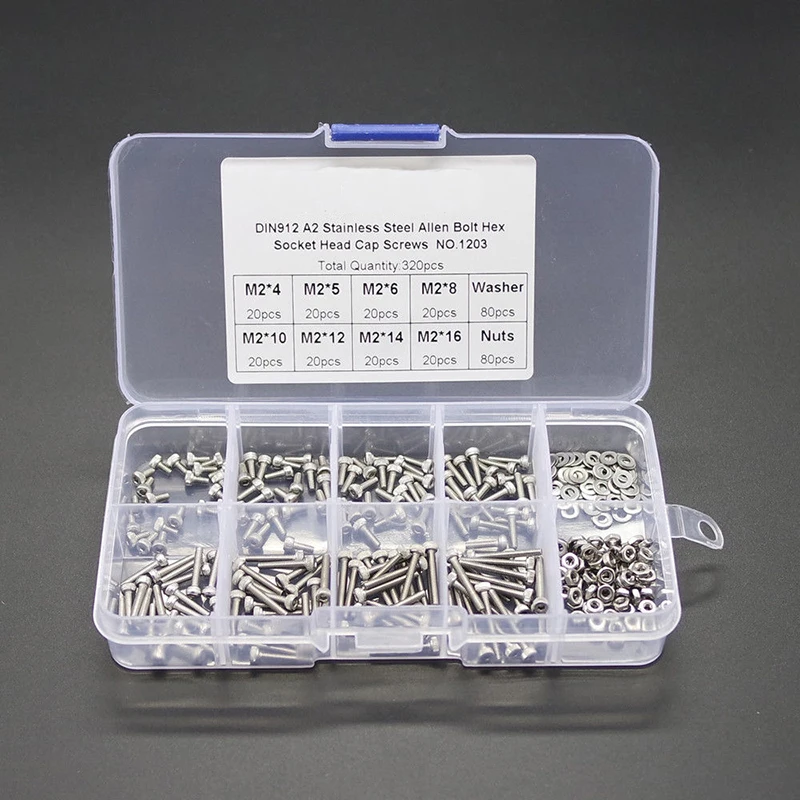 320pcs/set DIN912 M2 M2.5 M3 304 Hex Socket Screws Stainless Steel Bolts Nuts Set Mayitr Fastener Kit Hardware