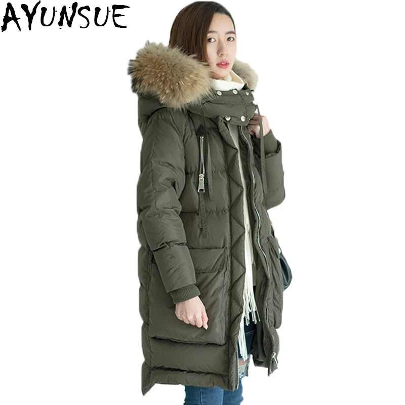 

AYUNSUE New 2019 Winter 90% Duck Down Jacket Women park Natural Raccon fur hood campera pluma Female Overcoat Hot Sale LX1024