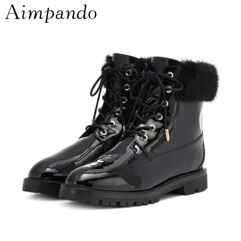 

Soft Fur Winter Martin Boots Shiny Patent Leather Square Low Heel Shearling Cross-tied Ankle Boots Women