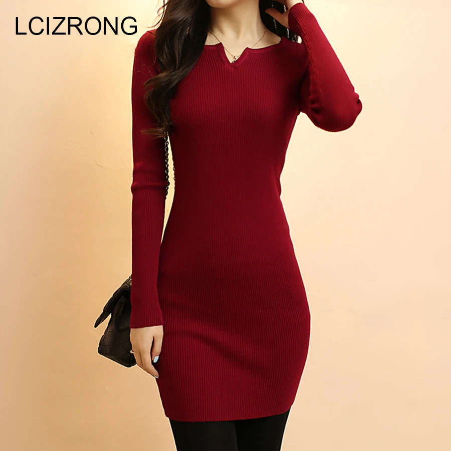 

Autumn Charm Knitted Dresses Women Long Sleeve V-Neck Bodycon Mini Dress Winter Fashion Sexy Lady Elastic Sweater Dress Vestidos