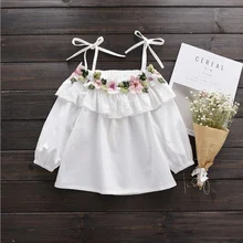 New 2017 Cotton Little Girls Shirt Off The Shoulder White T Shirt Kids Top Children Clothes