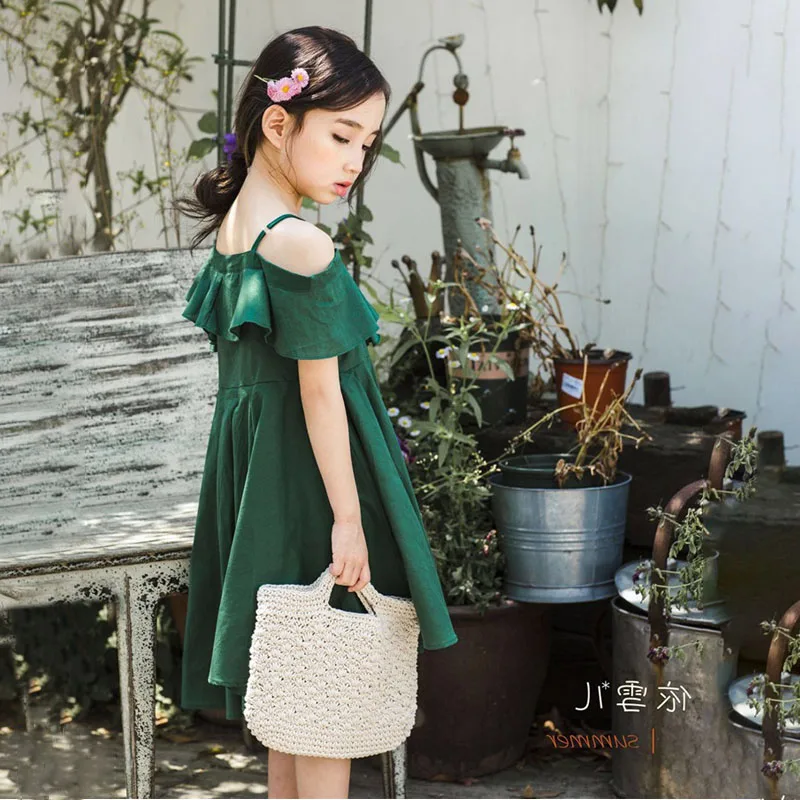 Kids Dress For Girls Summer 2019 New Green Off-the-shoulder Ruffle Dress Children Fashion Princess Party Dress For Girls 2-6T