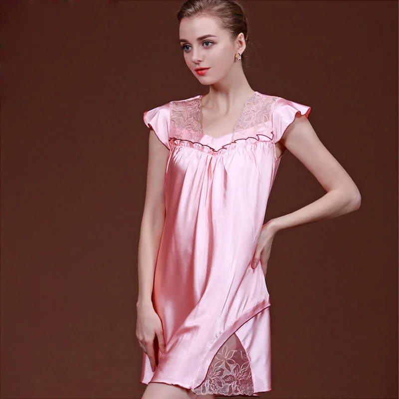 Casual Embroidery Sleepwear Dress Nightdress Loose lace Silk Nightgown
