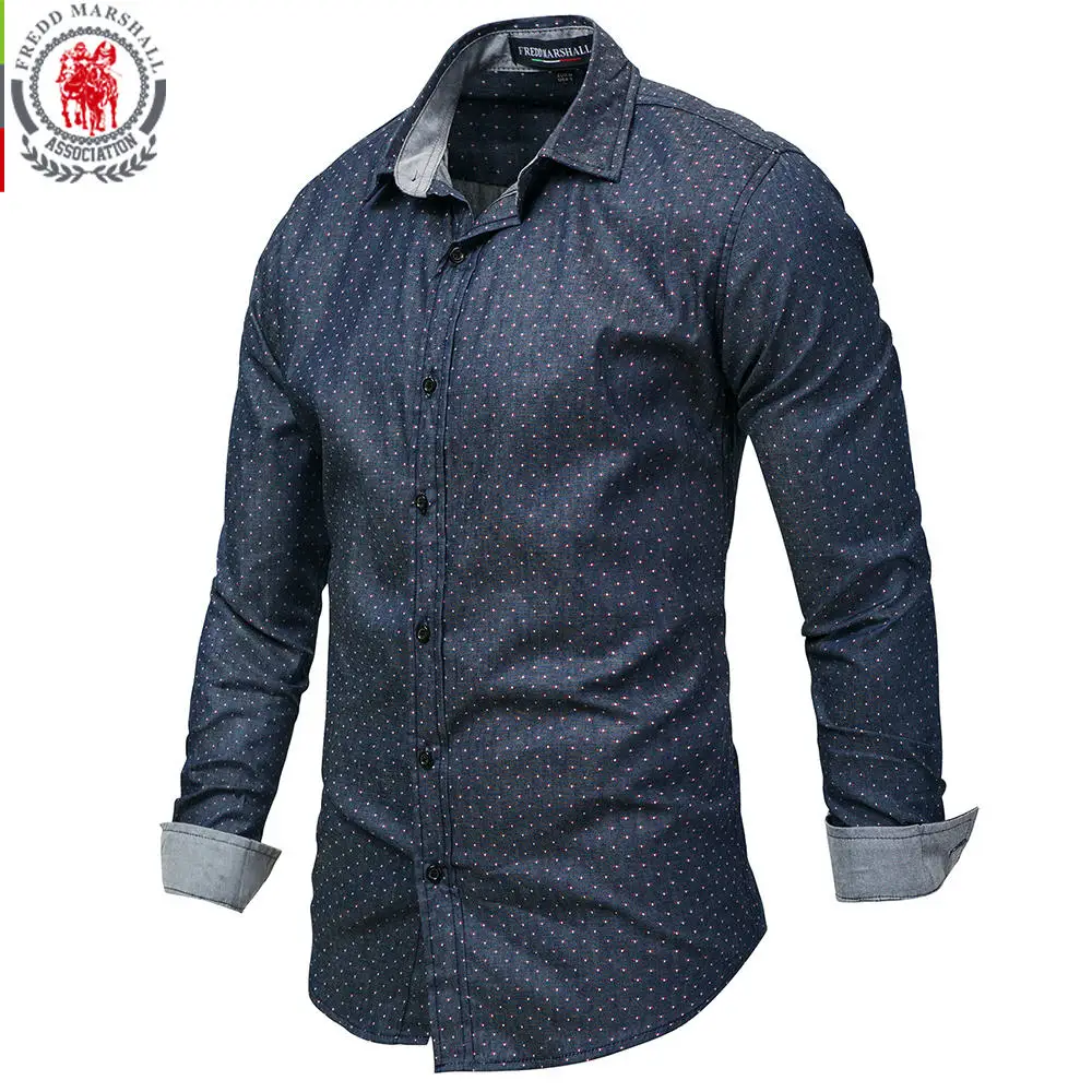 Fredd Marshall, Мужская джинсовая рубашка в горошек, с длинным рукавом, хлопок, высокое качество, Повседневная рубашка, Мужская одежда, рубашки 3XL 120 - Цвет: 120 Blue