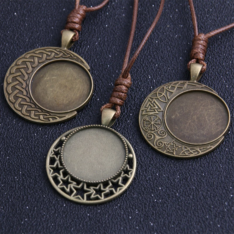 

1pcs Zinc Alloy Antique Bronze 25mm Round Cabochon Settings Blank Cameo Pendant Base Tray With Leather Cord For Jewelry Making